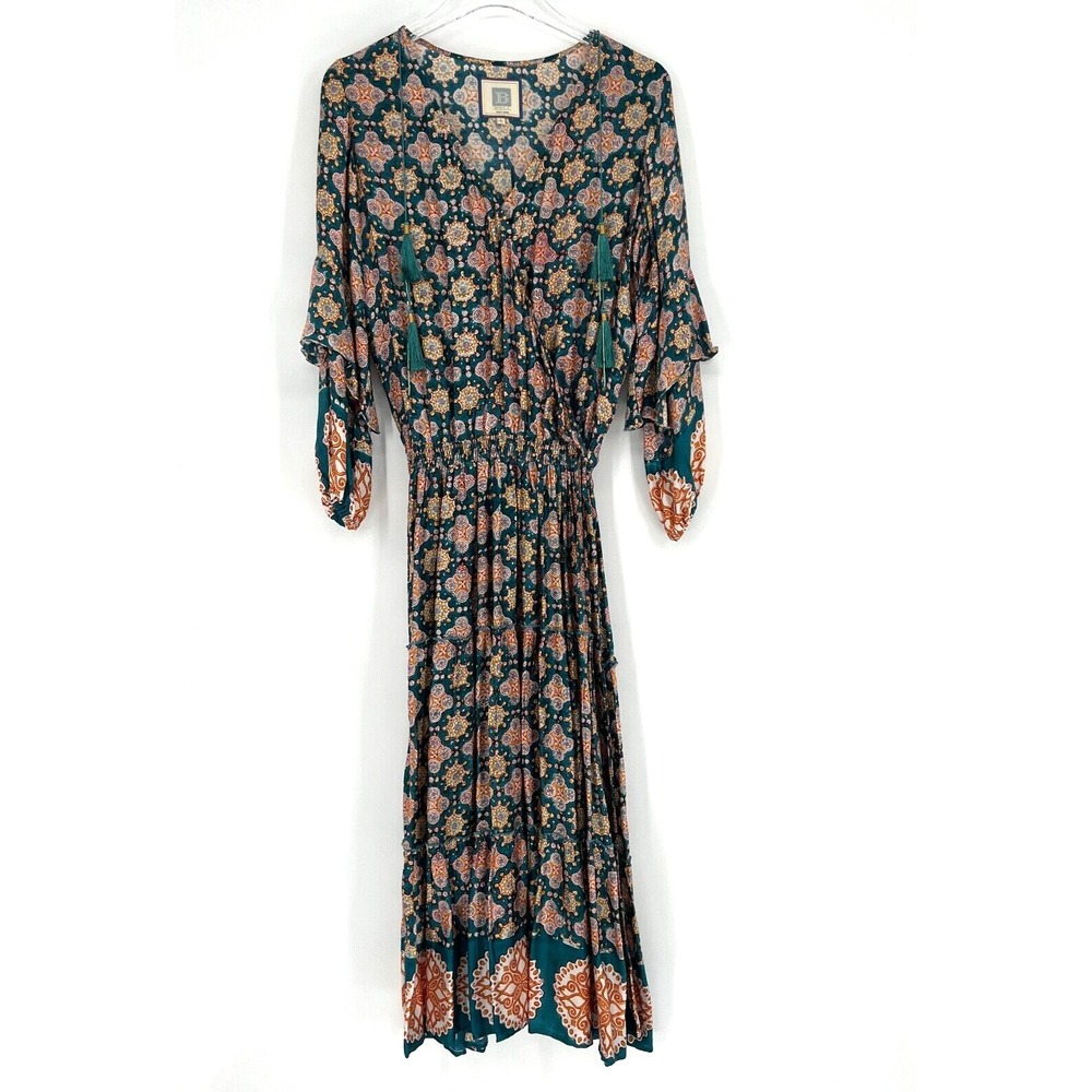 Bell by Alicia Bell Dress Womens S Silk Blend Tiered Maxi Boho Vacation Colorful